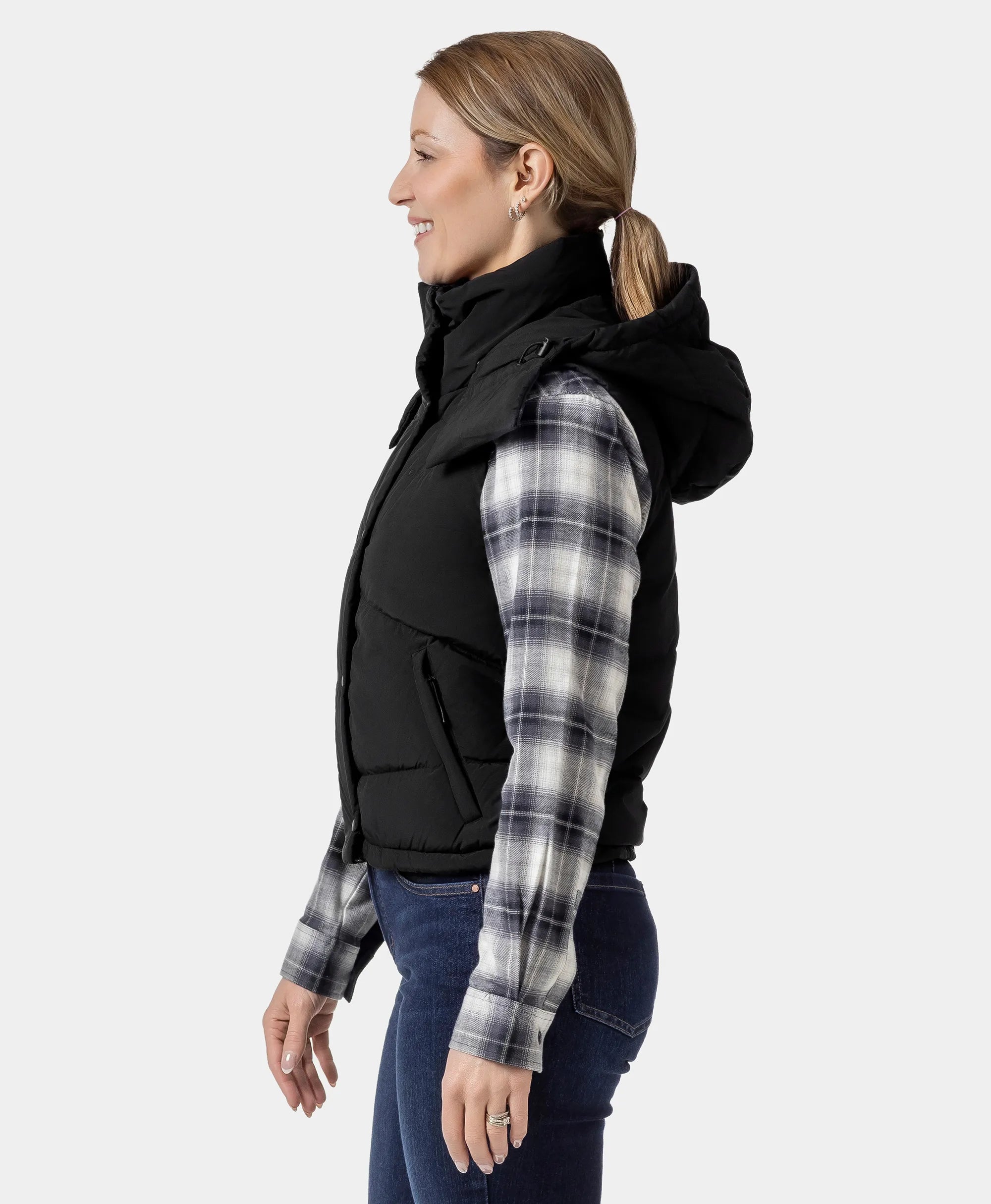 Gilet court chauffant en duvet pour femmes - Noir / Rouge, Thumbnail 4