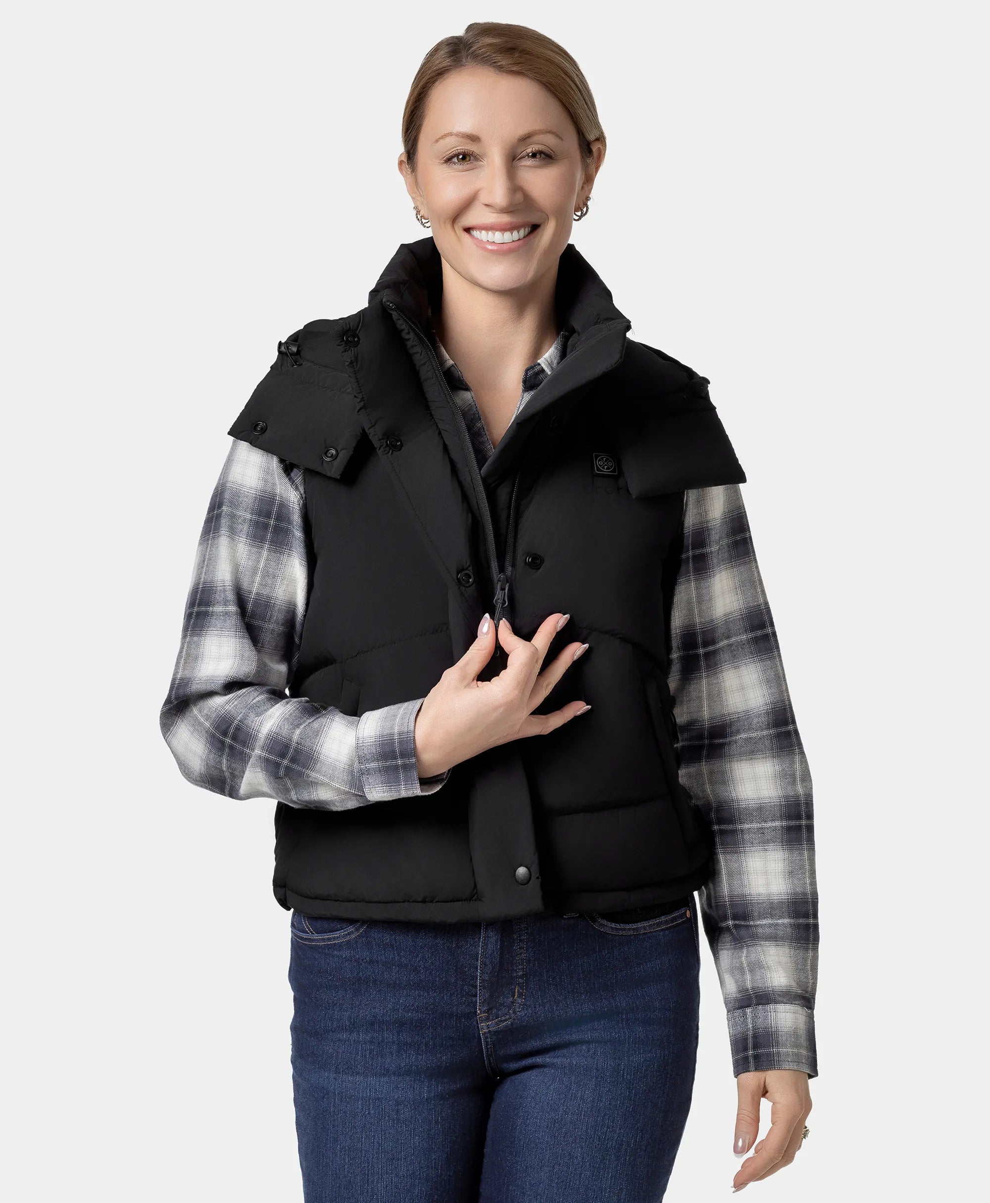 Gilet court chauffant en duvet pour femmes - Noir / Rouge, Thumbnail 3
