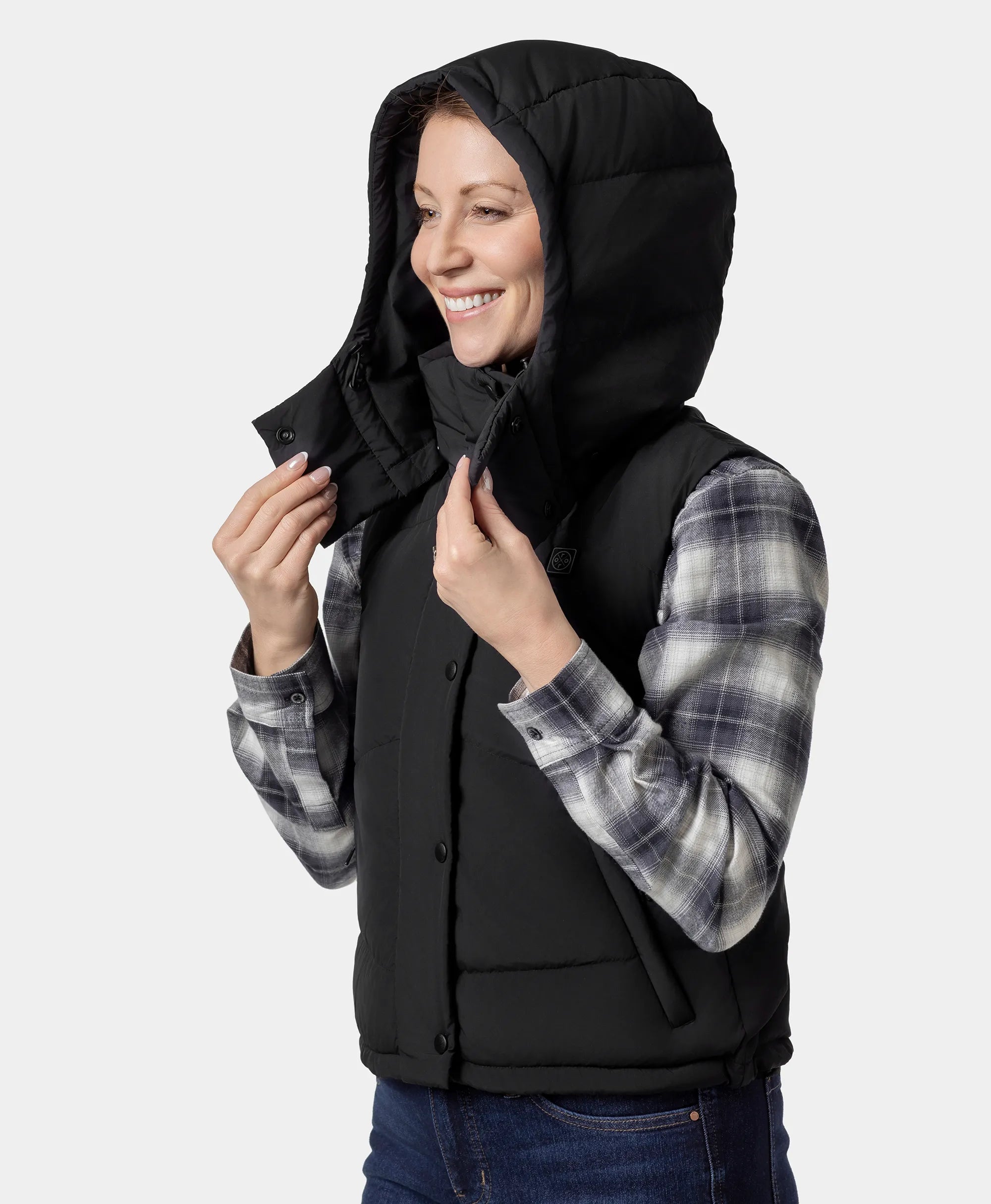 Gilet court chauffant en duvet pour femmes - Noir / Rouge, Thumbnail 6