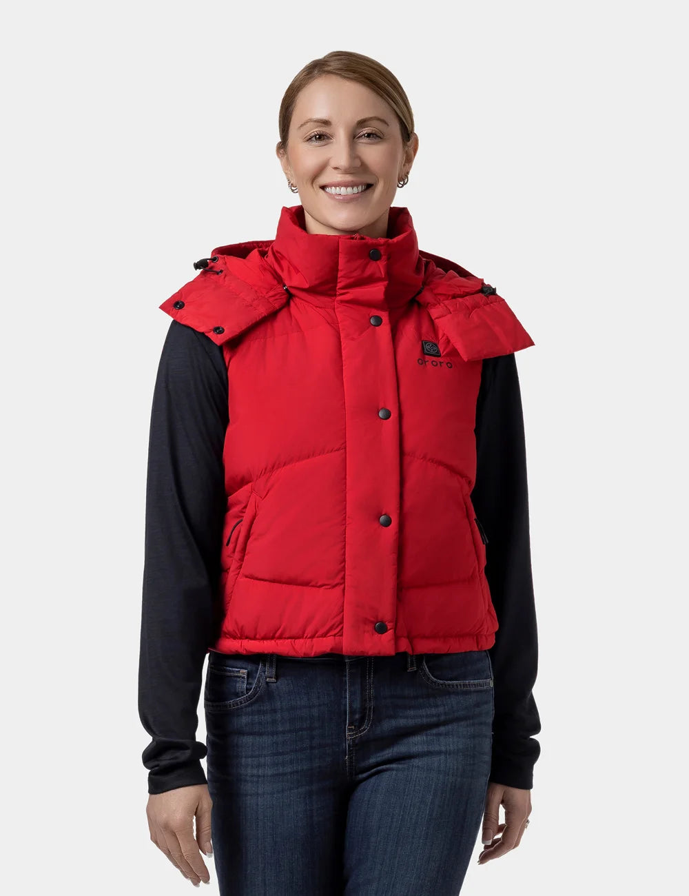 Women's Heated Cropped Puffer Down Vest - Black / Red