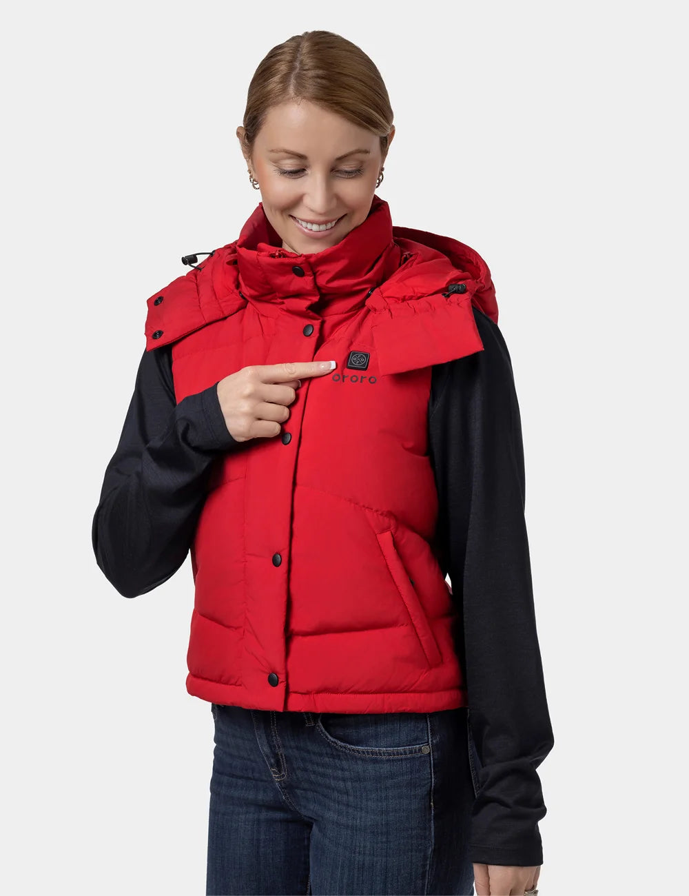 Gilet court chauffant en duvet pour femmes - Noir / Rouge, Thumbnail 18