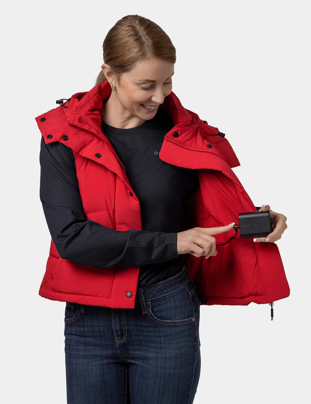 Gilet court chauffant en duvet pour femmes - Noir / Rouge, Thumbnail 20