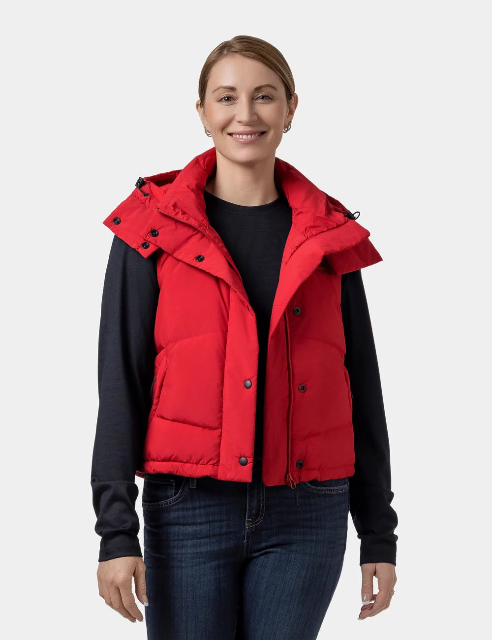 Gilet court chauffant en duvet pour femmes - Noir / Rouge, Thumbnail 15