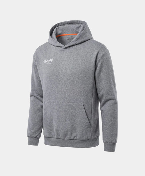 A flecking gray Toasty Unisex 5-Zone Heated Pullover Hoodie, displayed in a front view showcasing its relaxed fit, wide kangaroo pocket, ribbed hem, and small tonal "Toasty by ororo" logo on the left chest. ,view 2